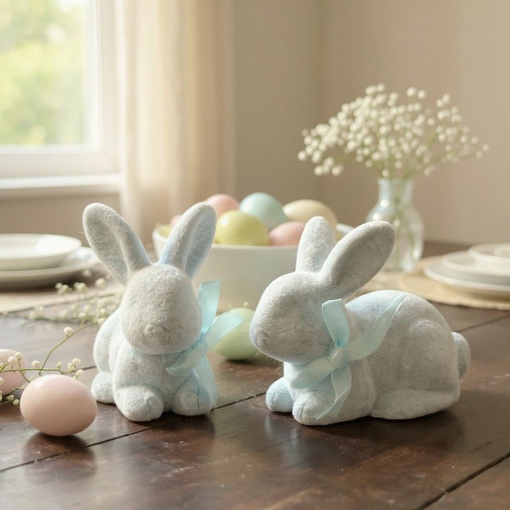 Festive Voice Flocked Bunny Set of 2 Blue New Easter Decor
